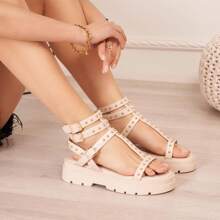 Studded Gladiator Style Thick Sole Adjustable Strap Sandals - Beige - View 2