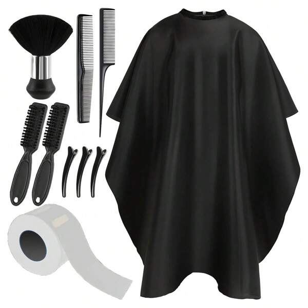 Conjunto de 10 en 1 con capa de peluquero, cepillo quitapelusas, cepillo de peluquero, tiras para el cuello, peines, pinzas para el cabello - Accesorios profesionales de peluquería, suministros de limpieza para salón de corte y peinado, herramientas para el cabello, productos y accesorios para peluquería, belleza y esenciales de viaje