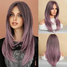 NICKY WALL Ombre Pink-Purple Wigs Long Straight Layered Wig With Curtain Bangs Soft Natural Looking High Density Wig Synthetic Heat Resistant Fiber Wigs For Women & Girls Daily Party Four Seasons Use