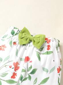 Conjunto de 2 piezas para niña: Top con mangas tipo gorra y adorno de lazos y pantalones largos con estampado floral, para verano