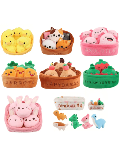 Molutian مجموعة لعبة ناعمة 6 قطع بسلة - سبرانة، قطة، أرنب فراولة ،ديناصور وأكسولوتل - ديكور جذاب للحفلات والمناسبات مناسب كهدية عيد الميلاد وزينة للمنزل. سلة من الشخصيات الناعمة الصغيرة خمسة للهدايا الميلادية، أكسولوتل، حيوانات، سلة أطفال