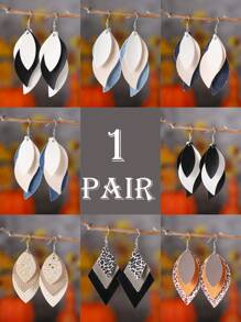 1 Pair Boho Layered Teardrop & Diamond Shape Faux Leather Leopard Print Dangle Earrings, Leaf Design Personalized Fashionable Earrings, Gift For Women