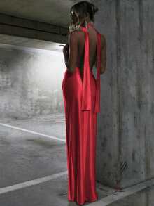 性感深 V 领露背缎带开叉晚礼服、派对礼服、婚礼宾客礼服、鸡尾酒会礼服