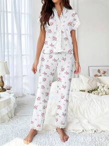 Elegant Cherry Print Women's Pajama Set - V-Neck Lace Trim Top & Slim Fit Pants, Cozy Polyester Blend Two Pieces Sets Outfit - White - View 4