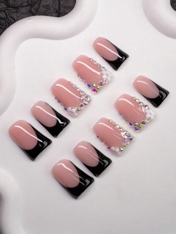 10pcs Set Handmade Press-On Nails, Duck Billed Shaped Y2K Baddie Style, Nude & Black Color With French Tip, Rhinestone, Flower Design, Suitable For Party, Wedding, Everyday Wear, Gift For Women & Girls, Comes With Tool Kit