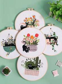 1 Set Diy Hand Embroidery Supplies Animal Cat Theme Embroidery Decorative Painting, Color Random Wind Around Organizer Included