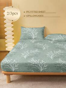 2/3pcs /Set Green Leaf Branch Flower Pattern Fitted Sheet Set Without Filler, Fitted Sheet Set For Bedroom Brushed Microfiber Breathable Comfortable 1pc Mattress Cover With 1/2pcs Pillowcase, Bed Cover Set King Queen Full Twin Size Fitted Sheet Set For Bedroom Brushed Microfiber Breathable Comfortable Sheet Bedspread Deep Pocket Up To 11.8 Inch Breathable Wrinkle-Free Better For Sleep, Machine Washable Domitory Bedding Back School Bedding