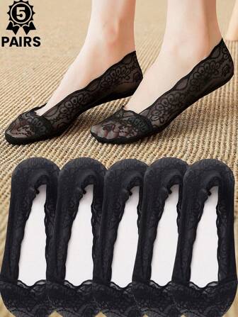 5 Pairs Women's Summer Lace Wave Flower Invisible Boat Socks, Sweat Absorbent And Moisture Wicking, Invisible And Anti-Slip, Suitable For Summer Daily Wear Or Gift.