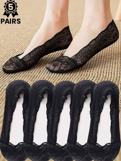 5 Pairs Women's Summer Lace Wave Flower Invisible Boat Socks, Sweat Absorbent And Moisture Wicking, Invisible And Anti-Slip, Suitable For Summer Daily Wear Or Gift.