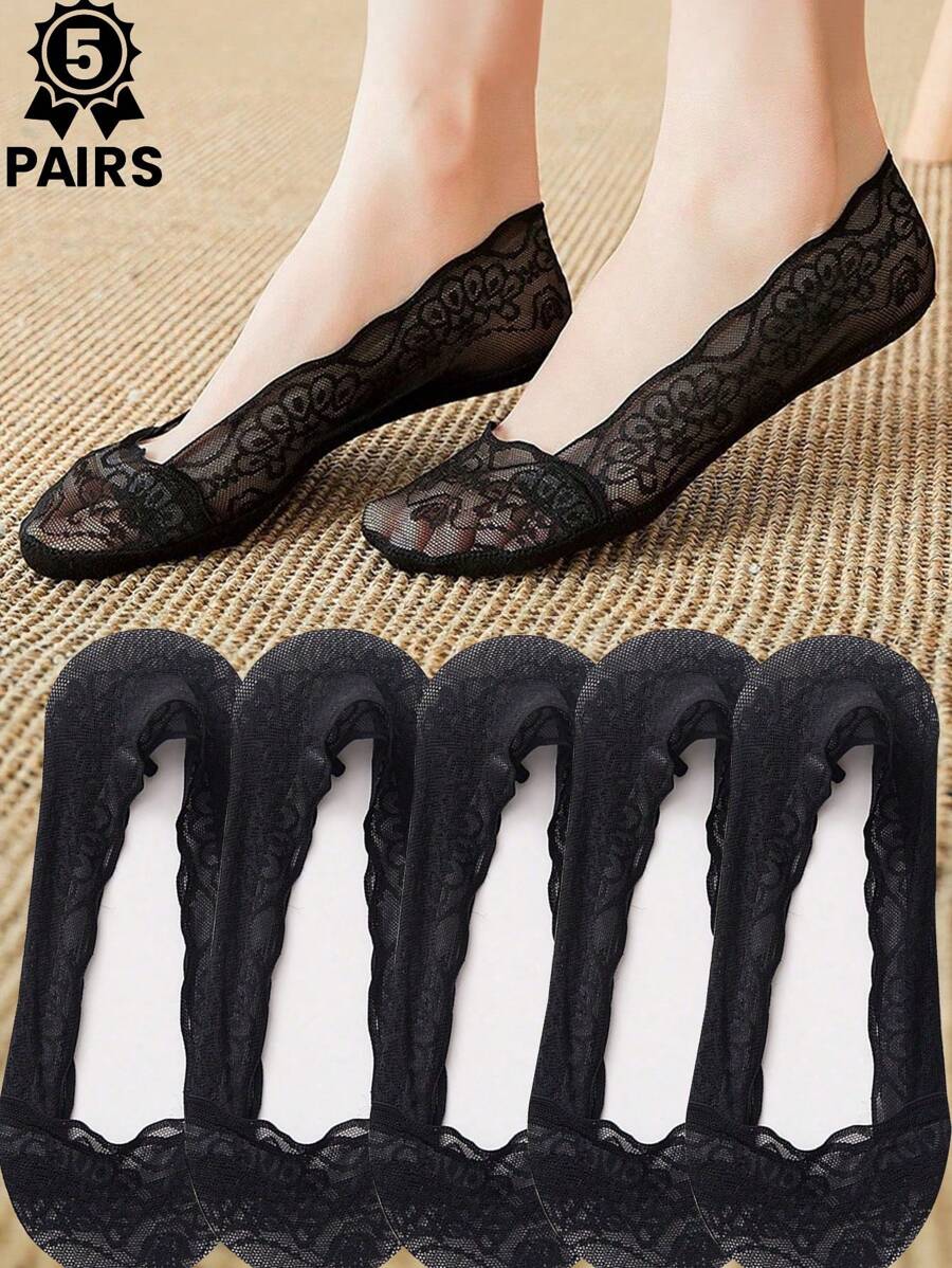 5双装女士夏季蕾丝荷叶边花卉隐形衬里袜，吸湿排汗，防滑，适合日常穿着或作为礼物 - 黑色 - 查看 1