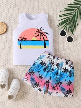 2pcs/Set Summer Boys Casual Palm Tree Print Vest & Shorts Set, Leisure Holiday Outfit
