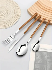 12pcs/Set Stainless Steel Flatware Set With Faux Wooden Handles - Includes Knives, Forks, Spoons And Coffee Spoons - Dishwasher Friendly, Suitable For Home, Restaurant And Party Use,School Supplies - Multicolor - View 7