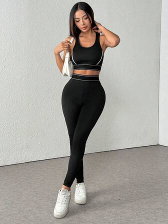 2 件套露背短款上衣和高腰运动紧身裤套装，休闲户外健身套装