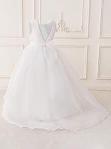 Tween Girls White Backless Trailing Bridesmaid Wedding Party Dress, Elegant Pageant Birthday Party Prom Graduation Formal Gown - White - View 3