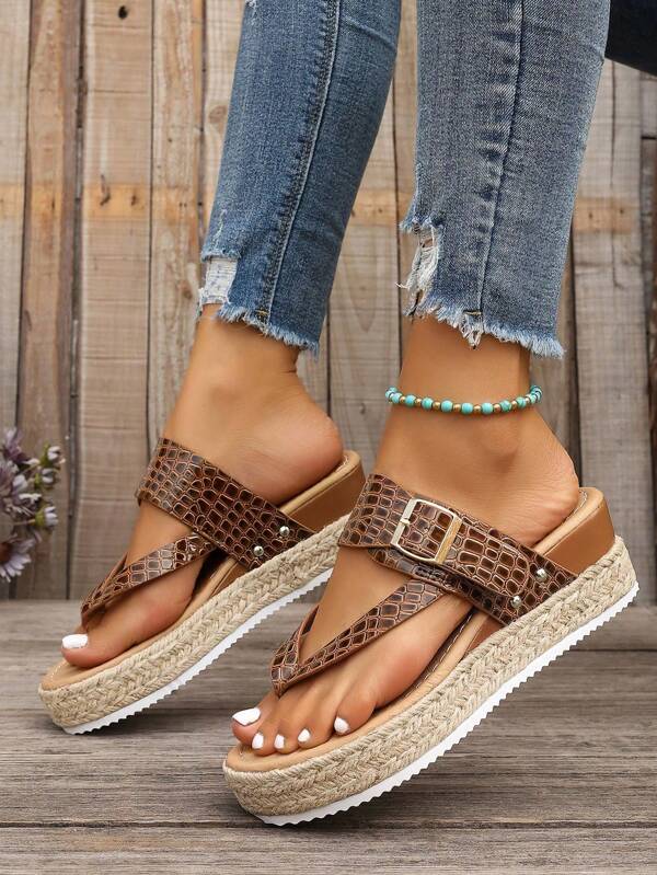 Women's Brown Rope Straw Studded Retro Wedge Platform Shoes, Comfortable Outdoor/Beach/Casual/Party/School Slip-On Sandals