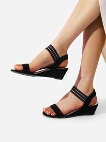 Womens Open Toe Espadrilles Dressy Platform Sandals Slip On Elastic Ankle Strap Wedges Sandals - Black - View 2