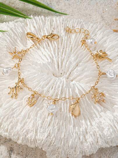 1pc Ocean Life Beach Theme Bracelet, Summer Vacation Style, Starfish & Shell Pendant, Bohemian Style Jewelry For Women