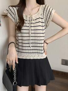 Wixra 法式钩针镂空花卉蕾丝边短袖短款上衣，时尚百搭柔软短款女士 T 恤，夏季