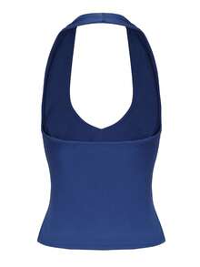 圆领纯色开衩短款背心，适合夏季的简约时尚 - 深藍色 - 查看 4