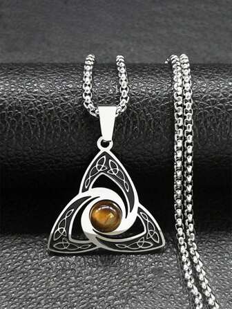 Viking Trinity Knot Necklace For Women Men Stainless Steel Tiger Eye Witch Irish Celtic Lucky Amulet Chain Jewelry