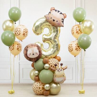 38pcs/Set Animal Foil Balloon Number Balloon Set- Lion Giraffe Tiger Shape Foil Balloons Avocado Brown Balloon For Theme Birthday Party Decor, Shower,Gender Reveal, Summer Party Decoration,Spring Decoration, Christmas