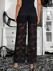 Dark Style Lace Contrast Mesh Long Pants, Minimalist And Fashionable, Suitable For Summer