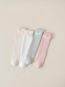 1 Pair Children's Solid Color Bow & Ruffle Trim Mid-Calf Socks, Comfortable Breathable Fashion, Spring/Autumn - Multicolor - View 3