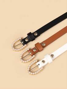 Set de 3 cinturones de cintura delgada para niños con detalles de perlas, cinturón de alta calidad de piel sintética (PU) para jeans y vestidos