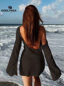 性感露背喇叭袖夏季海边女士纯色针织沙滩迷你连衣裙2025透视短裙泳装罩衫