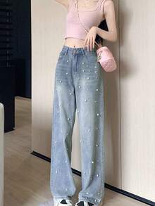 Quần jeans nữ dáng casual màu trơn cổ điển có túi, thích hợp cho kỳ nghỉ xuân. - Rửa nhẹ - Xem 5
