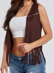 Women's Boho Hippie Chic Waistcoat Vest Ultra Lightweight Solid Hue Open Front Sleeveless Jacket Adorned With Tassels  Streetwear Layering