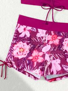 سروال داخلي مطبوع بطبعات زهور خضراء، مناسب لارتداء كجزئين من ملابس السباحة في مناسبات متنوعة