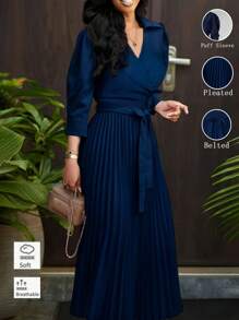 女士纯色 V 领 Polo 领半泡泡袖高腰腰带褶皱长裙、优雅连衣裙、商务休闲女士、商务休闲女士、夏季和春季服装、波西米亚风连衣裙、老钱、圣帕特里克节服装、复活节女士连衣裙、办公室女士服装、