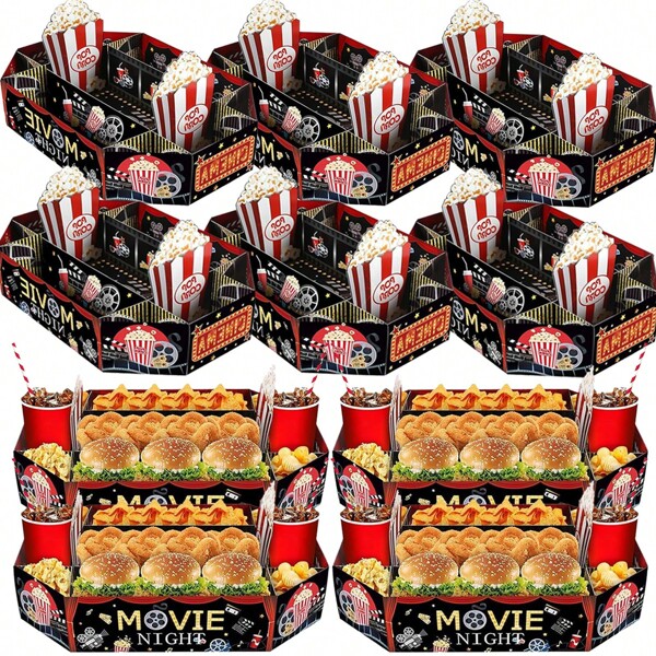 3 Pcs Movie Night Food Trays Cinema Pattern Paper Snack Popcorn Box 2 Sizes Movie Cardboard Popcorn Drink Tray For Movie Night Birthday Carnival Theme Party Supplies