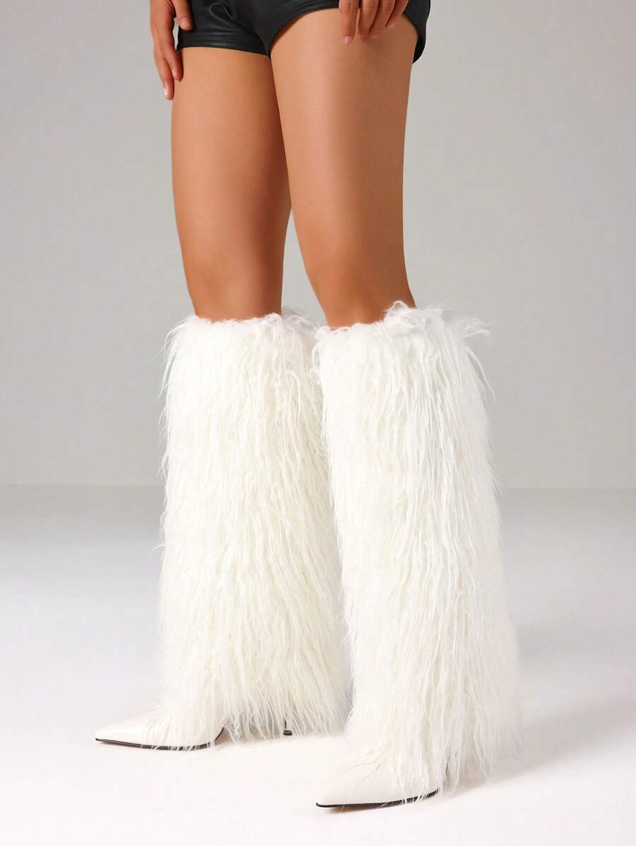 Stiletto High Heel Women Knee High Boots Furry Fluffy Fashion Luxury Sexy Elegant Nightclub Halloween Winter Snow Shoes For Woman - 白色 - 查看 1