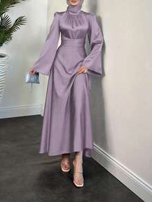 上衣春季新款修腰纯色长袖连衣裙配腰带，女士优雅连衣裙，优雅缎面复古连衣裙，端庄