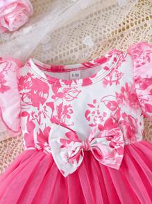 Baby Girls' Cute Ruffled Sleeve Bowknot Mesh Overlay Dress, Summer - Pink - View 3