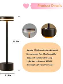 Luminária de mesa LED sem fio, recarregável, 3 temperaturas de cor e regulável, adequada para ambientes externos/sala de jantar/quarto/casa/mesa de café