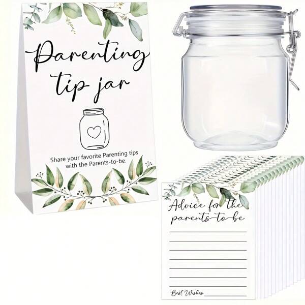 27/52pcs Baby Shower Game Prizes, Baby Shower Guidance Cans And Labels For New Parents, Includes 25/50 Parenting Tips Cards, 1 Bottle And 1 Label, Suitable For New Parents & Guests, Green Leaf Theme