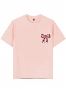 1pc Girls Short Sleeve Bow Print Pullover T-Shirt, Comfortable & Fashionable Summer Top For Student & Young Lady