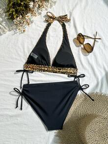 Women Leopard Print Halter Neck Top & Solid Color Triangle Bikini Set, Leisure Beach Vacation - Yellow - View 2