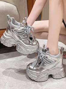 2025 New 4-Season Women's Fashion Mesh Chunky Sneakers, Breathable Sports Casual Thick-Sole Soft Commuting Platform Sneakers - Silver - View 3