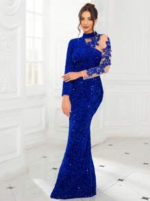 Romagic Đầm dạ hội trang trọng dài tay cổ cao đính sequin xanh, lưới cổ bất đối xứng có hoa, váy dạ hội dài đến sàn, váy dạ hội cho nữ, váy dự tiệc, váy dự tiệc cưới - Xanh đậm - Xem 4