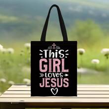 1pc Slogan Printed Letters Tote Bag Reusable Polyester Shopper Can Be Used For Shopping Travel Gift For Friends - Multicolor - View 4