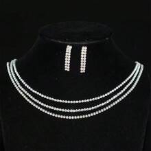 2pcs/Set Fashion Sparkling Crystal Rhinestone Necklace & Earrings Set, Bridal Jewelry For Wedding And Party - Silver - View 4