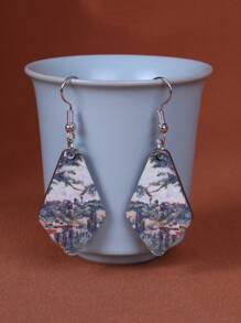 1 Pair Vintage Style Double-Sided Painting Wooden Geometric Earrings, Suitable For Daily And Vacation Wear (12) - Vintage Oil Painting Earrings 12 - View 11