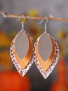 1 Pair Boho Layered Teardrop & Diamond Shape Faux Leather Leopard Print Dangle Earrings, Leaf Design Personalized Fashionable Earrings, Gift For Women