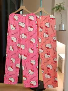 1pc Sanrio Character Series Fully Allover Print Hello Kitty Milk Silk Casual/Loungewear Pants, Cartoon Cat Loose Sleepwear Bottoms For Women - Hồng - Xem 10