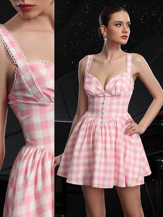 女士甜美粉色格子拼接蕾丝后背荷叶边迷你连衣裙