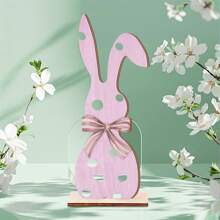 Decoraciones de mesa de Pascua, lindo letrero de madera de conejito con lazo, centros de mesa para fiestas en casa, bandeja escalonada de primavera. - Rosa - Ver 3